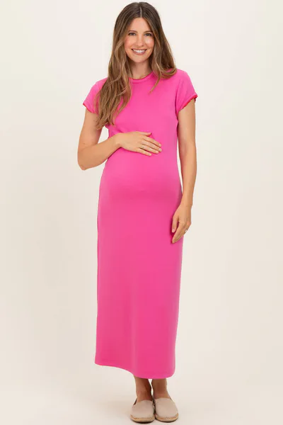 PinkBlush Fuchsia Contrast Trim Short Sleeve Maternity Midi Dress