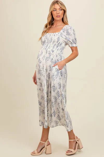PinkBlush Ivory Floral Smocked Sweetheart Neckline Maternity Midi Dress