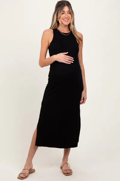 PinkBlush Black Sleeveless Side Slit Maternity Midi Dress