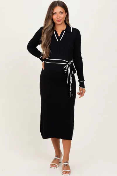 PinkBlush Black Soft Stretchy Rib Fitted Maternity Sweater Midi Dress