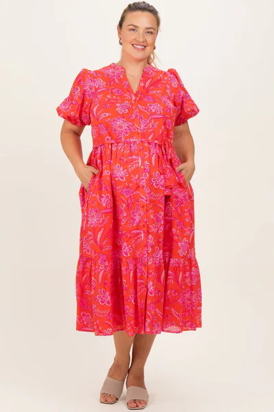 PinkBlush Red Floral Button Down Maternity Plus Midi Shirt Dress