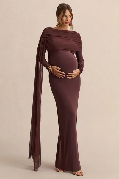 Club L London Annelia | Dark Brown High-Neck Maternity Maxi Dress With Sash Detail