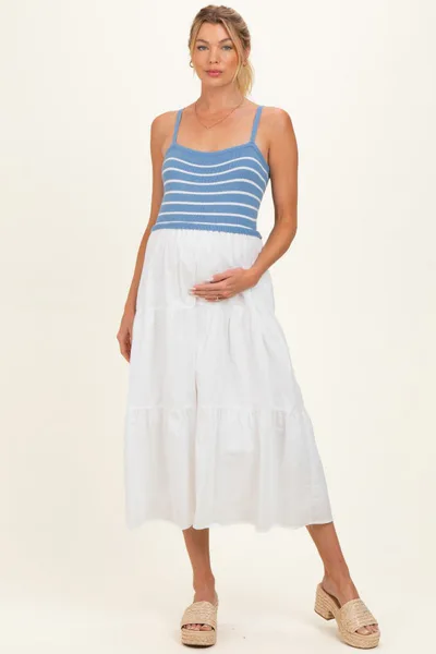 PinkBlush Blue Striped Knit Top Tiered Maternity Midi Dress