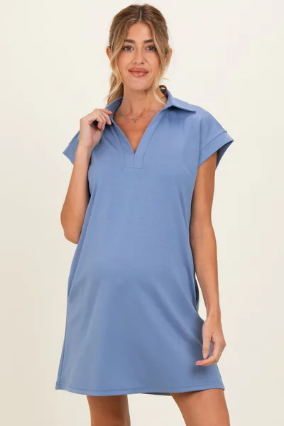 PinkBlush Denim Blue Collared Maternity Pocket Dress