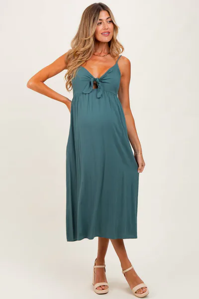 PinkBlush Teal Front Tie Sleeveless Maternity Midi Dress