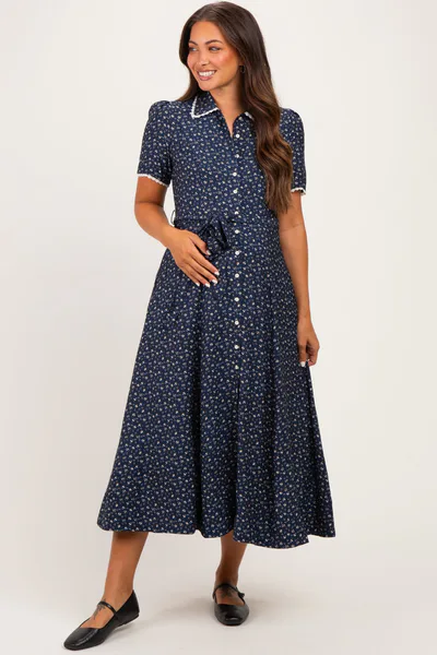 PinkBlush Navy Floral Button Down Tie Waist Maternity Midi Dress