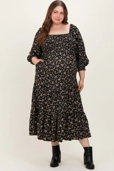 PinkBlush Black Floral Smocked Long Sleeve Maternity Plus Maxi Dress