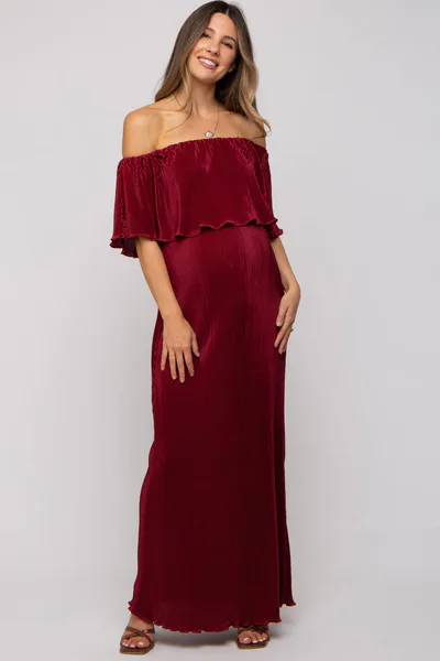PinkBlush Burgundy Pleated Ruffle Off Shoulder Maternity Maxi Dress
