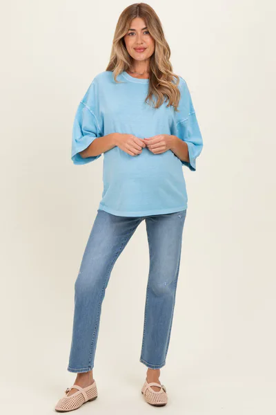 PinkBlush Blue Pigment Oversized Half-Sleeve Maternity T-Shirt