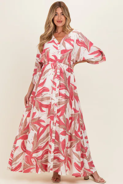PinkBlush Rose Printed Button Up Waist Tie Maternity Maxi Dress