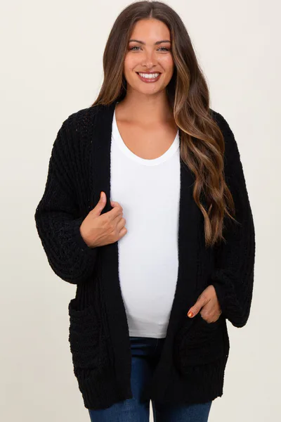 PinkBlush Black Chunky Knit Oversized Maternity Pocket Cardigan