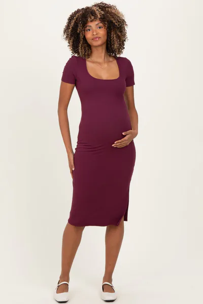 PinkBlush Wine Square Neck Side Slit Maternity Midi Dress
