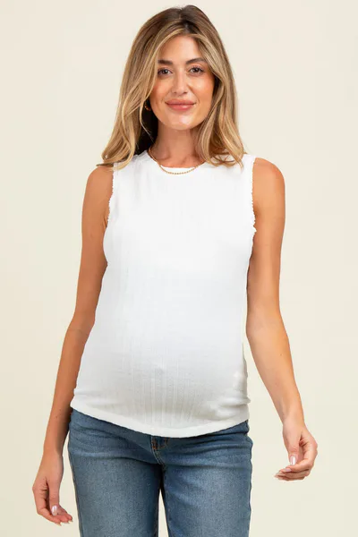 PinkBlush Ivory Textured Rib Ruffle Detail Maternity Tank Top