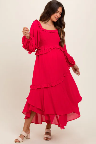 PinkBlush Fuchsia Smocked Ruffle Long Sleeve Maternity Midi Dress