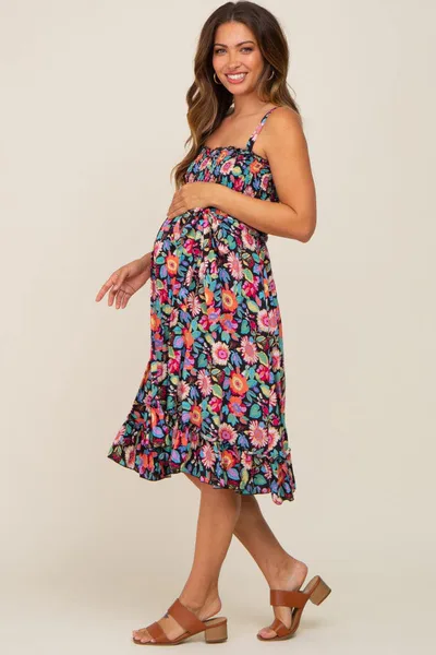 PinkBlush Black Floral Sleeveless Ruffled Maternity Dress