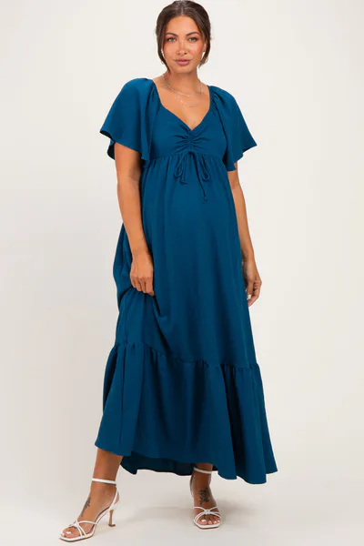 PinkBlush Teal Flutter Sleeve Ruffle Hem Maternity Maxi Dress