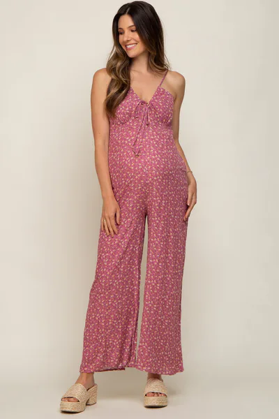PinkBlush Mauve Floral V-Neck Front Tie Sleeveless Maternity Jumpsuit