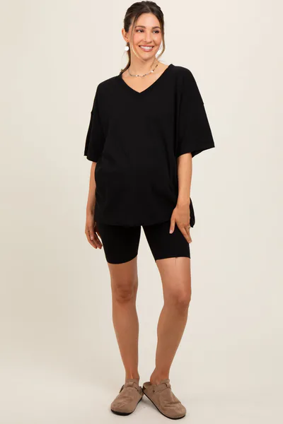 PinkBlush Black Oversized V-Neck Biker Short Maternity Set