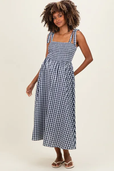 PinkBlush Navy Gingham Smocked Shoulder Tie Maternity Midi Dress