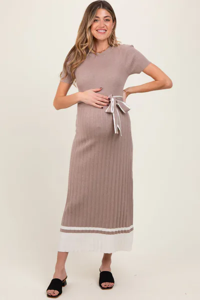 PinkBlush Mocha Ribbed Knit Pleated Maternity Midi Dress