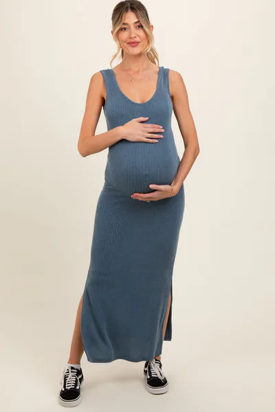 PinkBlush Blue Ribbed Side Slit Maternity Maxi Dress