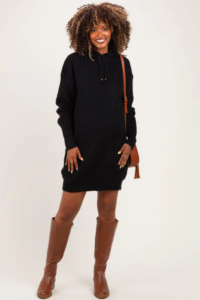 PinkBlush Black Chunky Waffle Knit Hooded Maternity Tunic Dress