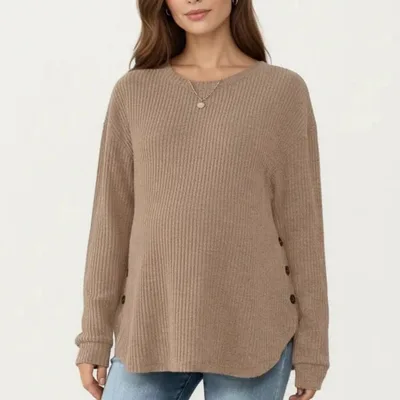 Target Anna-Kaci Women's Maternity Long Sleeve Ribbed Knit Top with Crew Neck Side Button Detail - Medium, Khaki