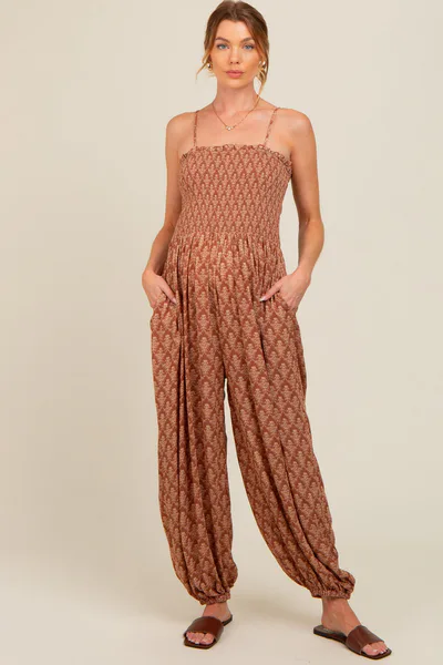 PinkBlush Mocha Damask Smocked Balloon Leg Maternity Jumpsuit