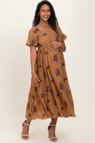 PinkBlush Taupe Floral Embroidered Puff Sleeve Maternity Midi Dress