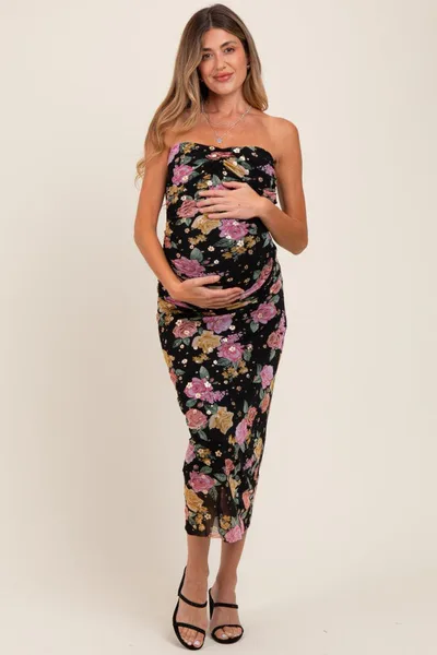 PinkBlush Black Floral Mesh Strapless Fitted Maternity Midi Dress