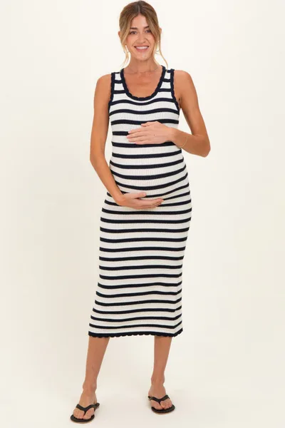 PinkBlush Navy Striped Crochet Knit Maternity Midi Dress