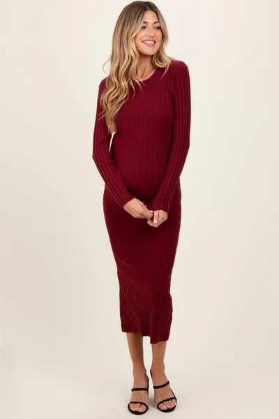 PinkBlush Burgundy Ribbed Knit Fitted Maternity Midi Sweater Dress