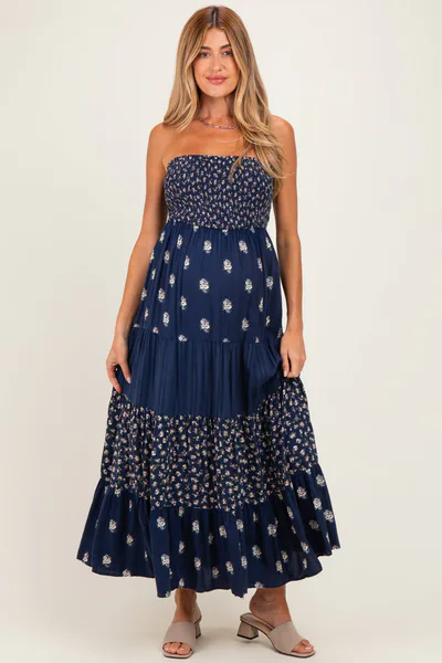 PinkBlush Navy Colorblock Floral Strapless Maternity Maxi Dress