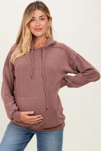 PinkBlush Brown Long Sleeve Brushed Urban Rib Maternity Hoodie Top