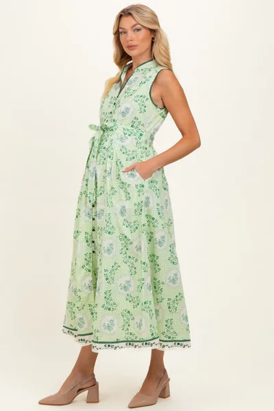PinkBlush Fern Floral Button Up Tie Waist Maternity Midi Dress