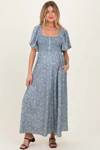 PinkBlush Grey Floral Smocked Flutter Sleeve Maternity Midi Dress