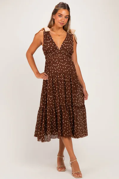 PinkBlush Brown Polka Dot Plisse Shoulder Tie Maternity Dress