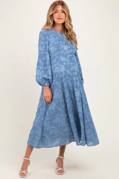 PinkBlush Blue Dusk Embossed Velvet Floral Maternity Maxi Dress