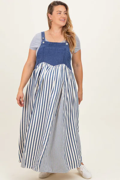 PinkBlush Blue Striped Colorblock Denim Contrast Maternity Plus Maxi Dress