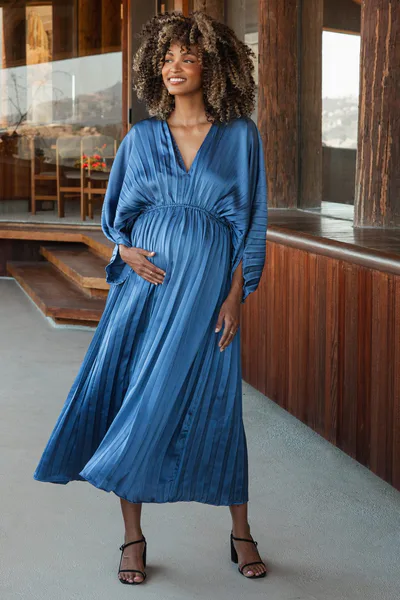 PinkBlush Blue Satin Pleated V-Neck Maternity Maxi Dress