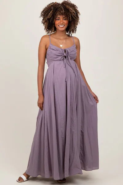 PinkBlush Purple Gathered Tie Front Maternity Maxi Dress