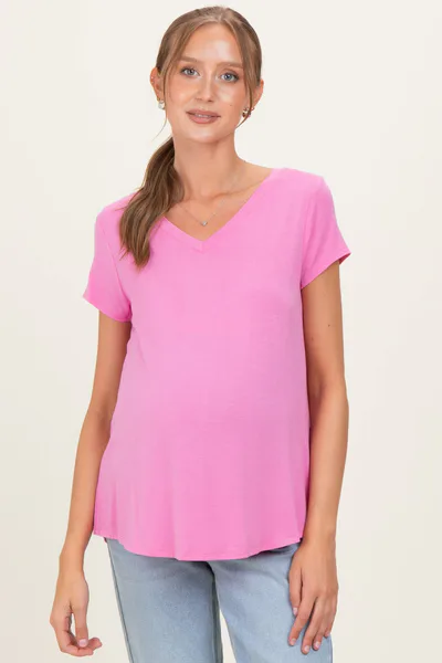 PinkBlush Pink Basic V-Neck Short Sleeve Maternity Top