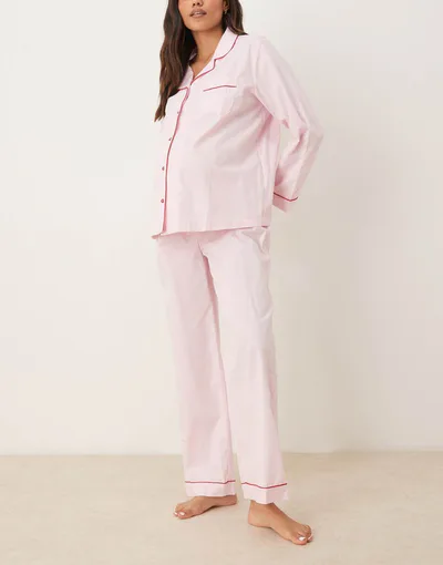 ASOS woven shirt & wide leg pajama set with contrast piping in pink