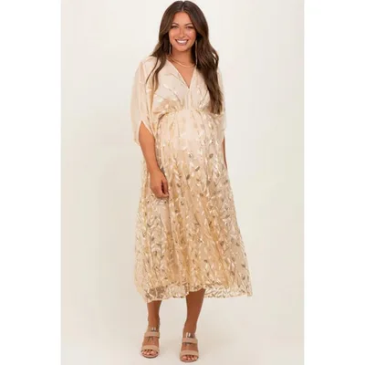 Target Pinkblush Light Gold Embroidered Tulle Dolman V-Neck Maternity Midi Dress Small