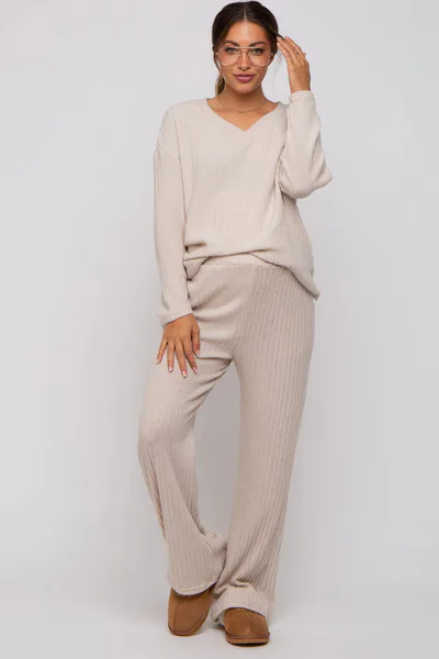 PinkBlush Beige Ribbed Soft Knit Long Sleeve Maternity Pajama Set