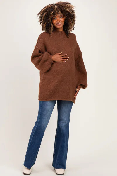 PinkBlush Mocha Oversized Mock Neck Maternity Tunic Sweater