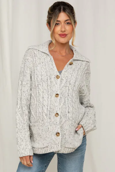 PinkBlush Heather Grey Cable Knit Collared Maternity Button Up Cardigan