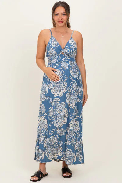 PinkBlush Blue Floral Twist Front Tie Back Maternity Maxi Dress