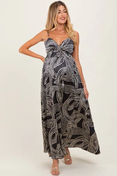 PinkBlush Black Printed Halter Cutout Tie Back Maternity Maxi Dress
