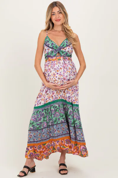 PinkBlush Multicolor Colorblock Floral Twist Front Cutout Maternity Maxi Dress